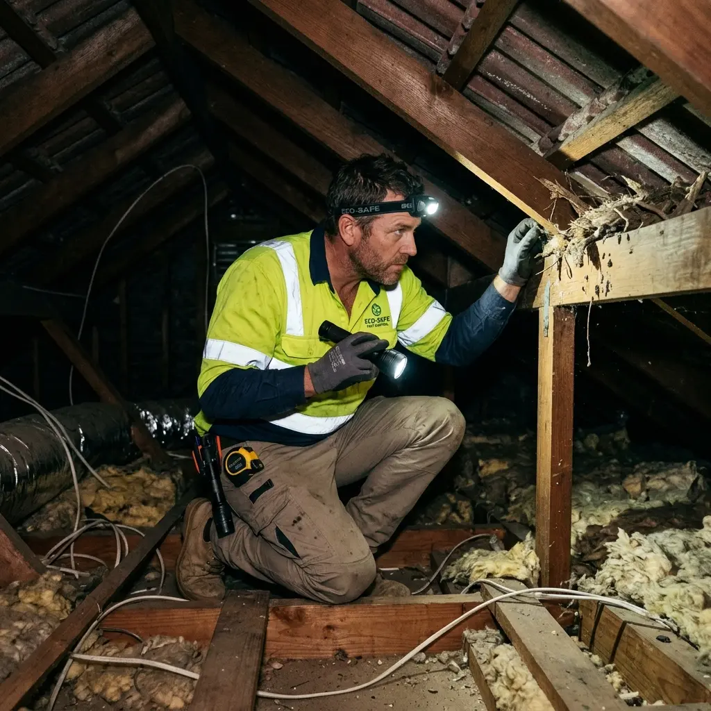 Technician inspecting a roof cavity for a dead animal in Blairgowrie